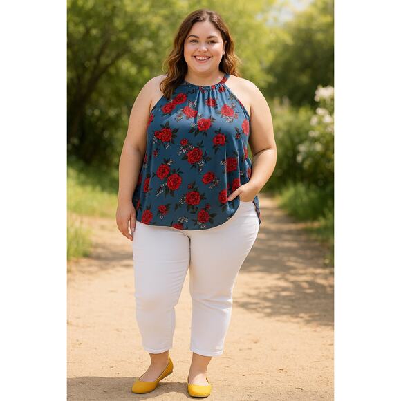Torrid Size 4X Blue Red Floral High Neck Sleeveless Blouse plus size - Picture 1 of 7